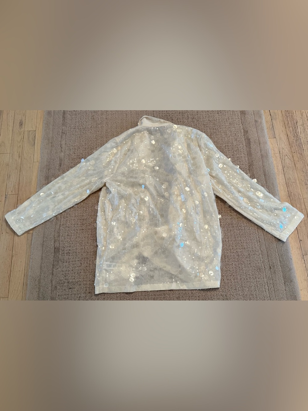 Zara Sheer Sequin Blazer Jacket Ivory Iridescent Open Front Party Size L Large - Picture 7 of 7
